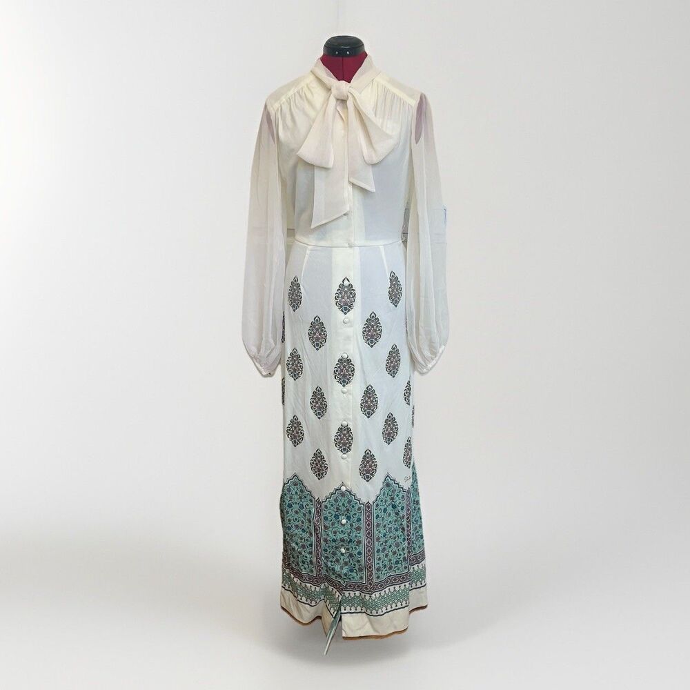 70s Vtg Retro Alfred Shaheen Ivory Floral Hawaiian Maxi Button Dress Long Sleeve